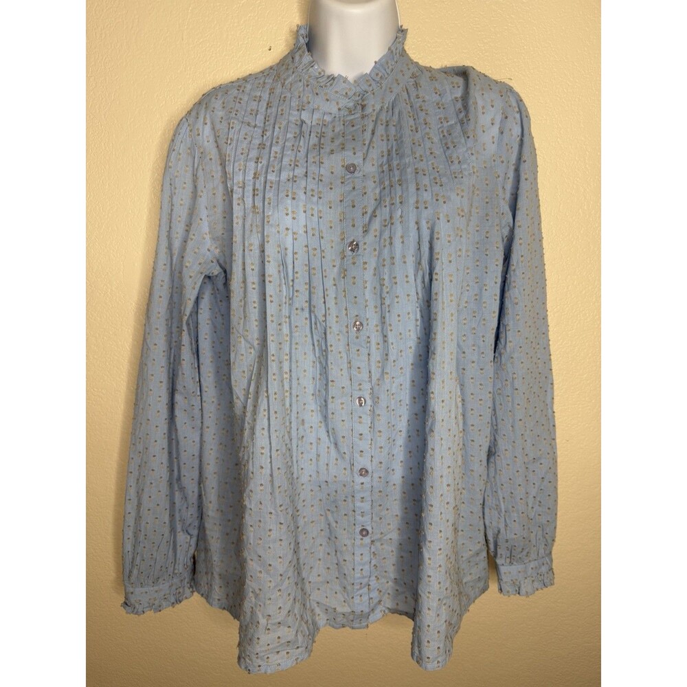 Sundance Philipa Pintuck Swiss Dot Blue Blouse Ruffle Trim Top Sz M peasant boho - Picture 4 of 11